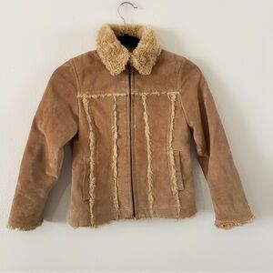 Wilsons leather kids fur trimmed jacket coat small tan brown bohemian boho